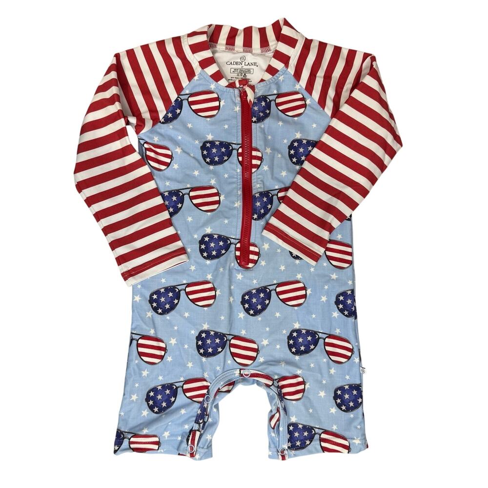 Caden Lane Patriotic Star & Sunglass Print One-Piece Romper Swimsuit Unisex 2T